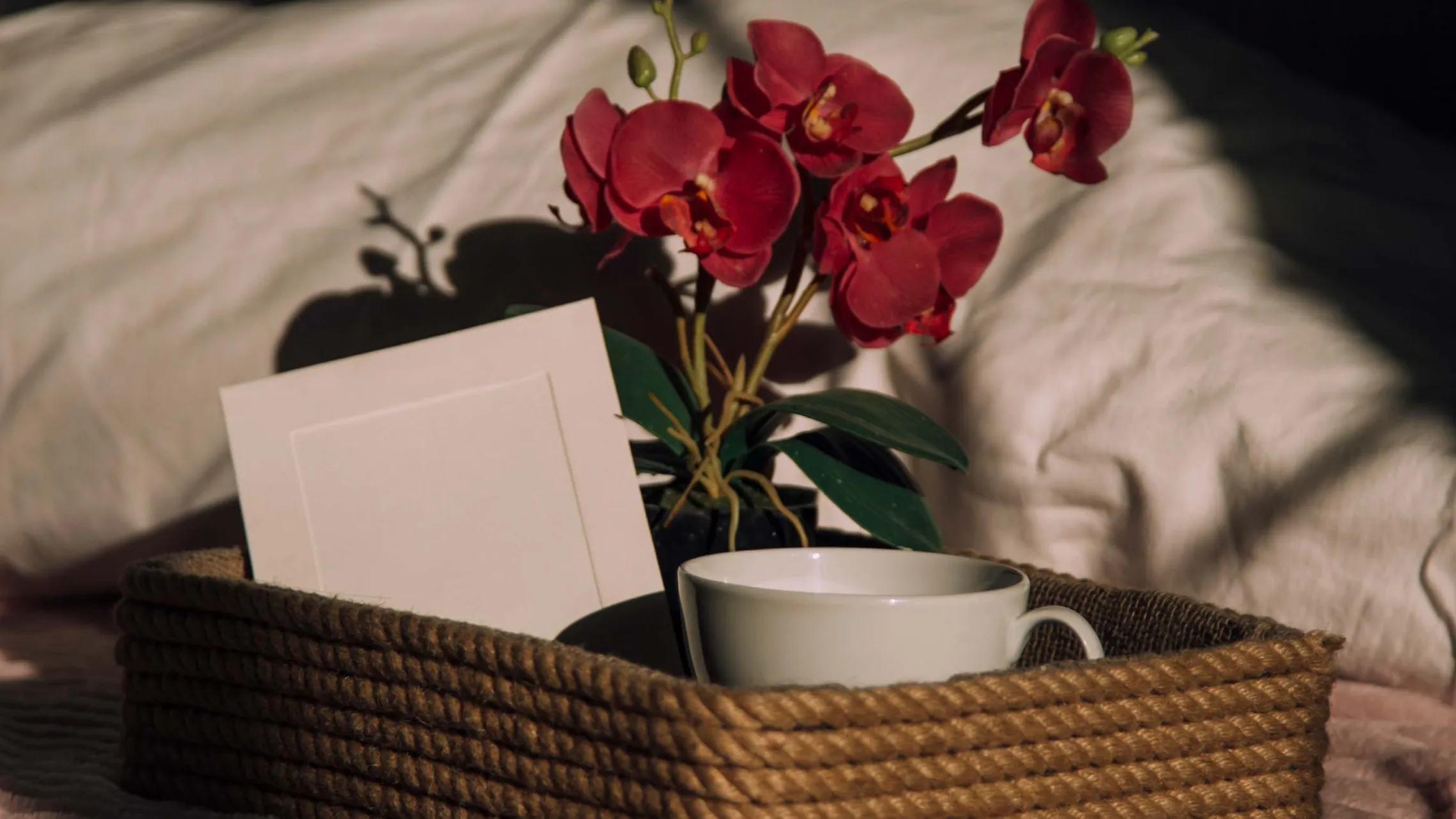 Geschenkkorb mit roter Orchidee, Tasse und Grußkarte auf einer Decke