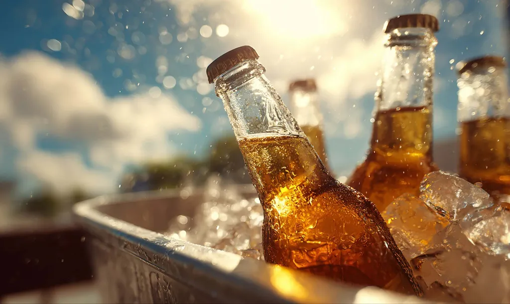 Kalte Bierflaschen im Eis, die im Sonnenlicht glitzern, vor dem Hintergrund eines strahlend blauen Himmels und flauschiger Wolken.