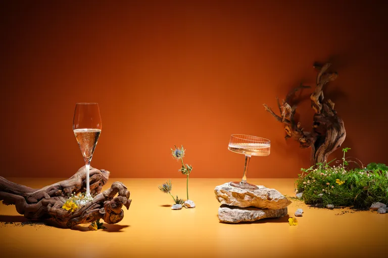 Zwei Gläser Sekt sind kreativ auf alten, knorrigen Weinrebenstöcken und Steinen arrangiert, umgeben von kleinen Pflanzen und Blumen vor einem orangefarbenen Hintergrund.