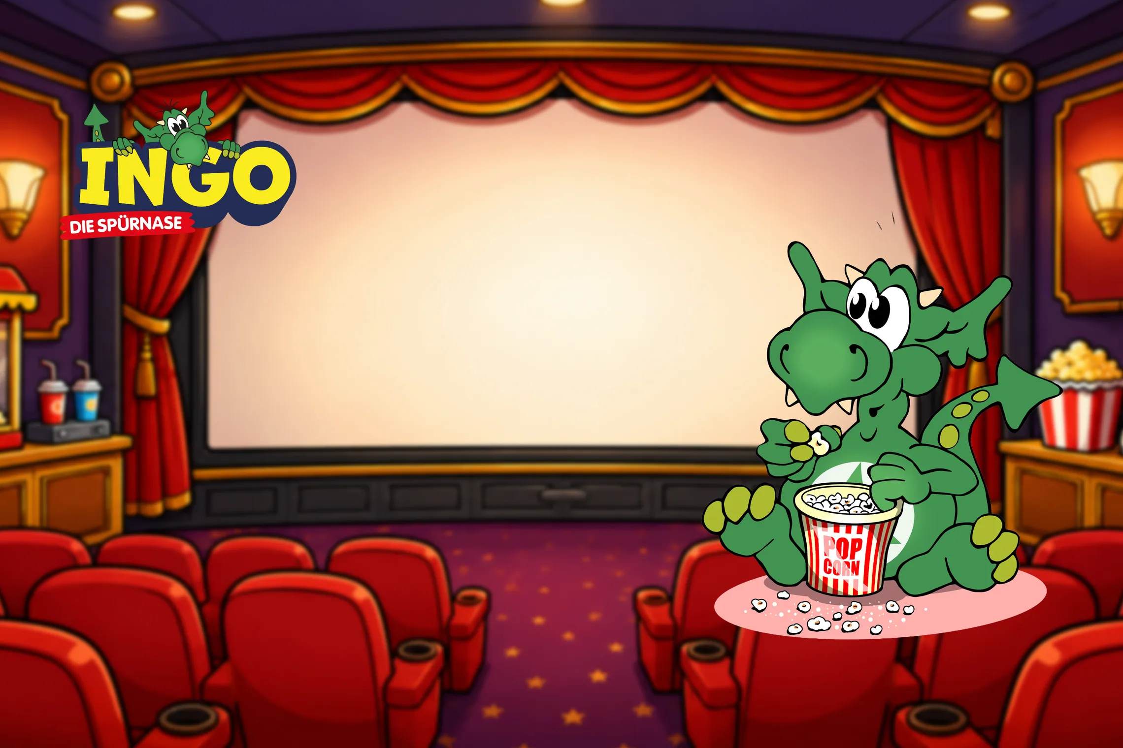 INGO sitzt mit Popcorn im Kino und freut sich auf den Film