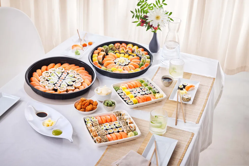 Ein gedeckter Tisch mit verschiedenen Sushi-Platten, Sojasauce, Wasabi, Ingwer, Edamame, Getränken und Blumen in einer Vase, die zusammen ein farbenfrohes Esserlebnis schaffen.