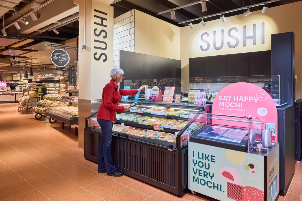 Eine Kundin hebt ein fertig verpacktes Sushi-Set aus einer Sushivitrine