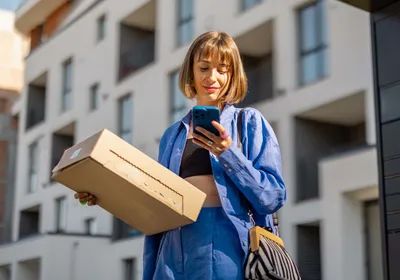 Frau holt ein Paket ab und schaut lächelnd auf das Smartphone