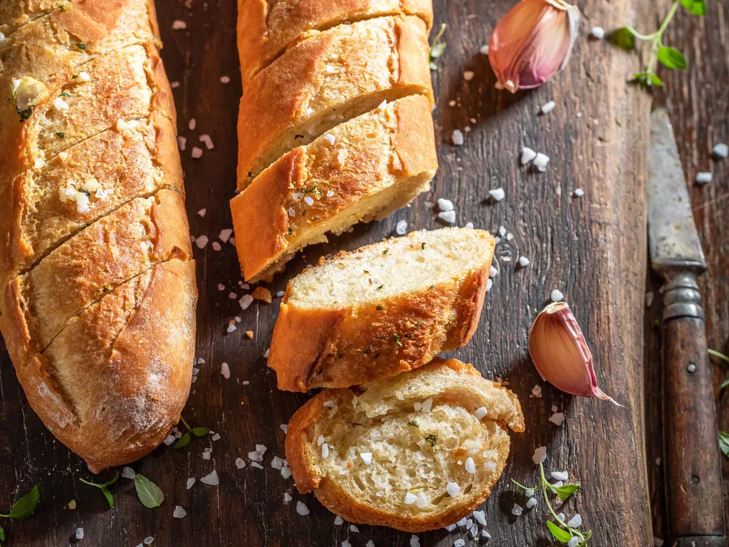 Zwei Knoblauchbaguettes mit Salzkörnern auf einem Holzbrettchen