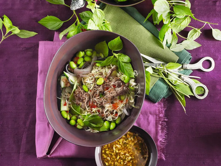 Thailändischer Salat mit Rindfleisch, Sojabohnen, Glasnudeln und frischen Kräutern