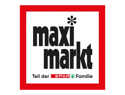 Rotes und weißes „Maximarkt“-Logo mit dem großen Schriftzug „maximarkt“ und dem Text "Teil der SPAR-Familie" mit einem grünen Baumsymbol in einem weißen Rechteck am unteren Rand.
