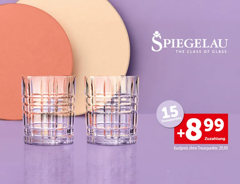 Zwei Whiskygläser und die Aufschrift "15 Treuepunkte. +8,99€ Zuzahlung. Kaufpreis ohne Treuepunkte: 20,90€"