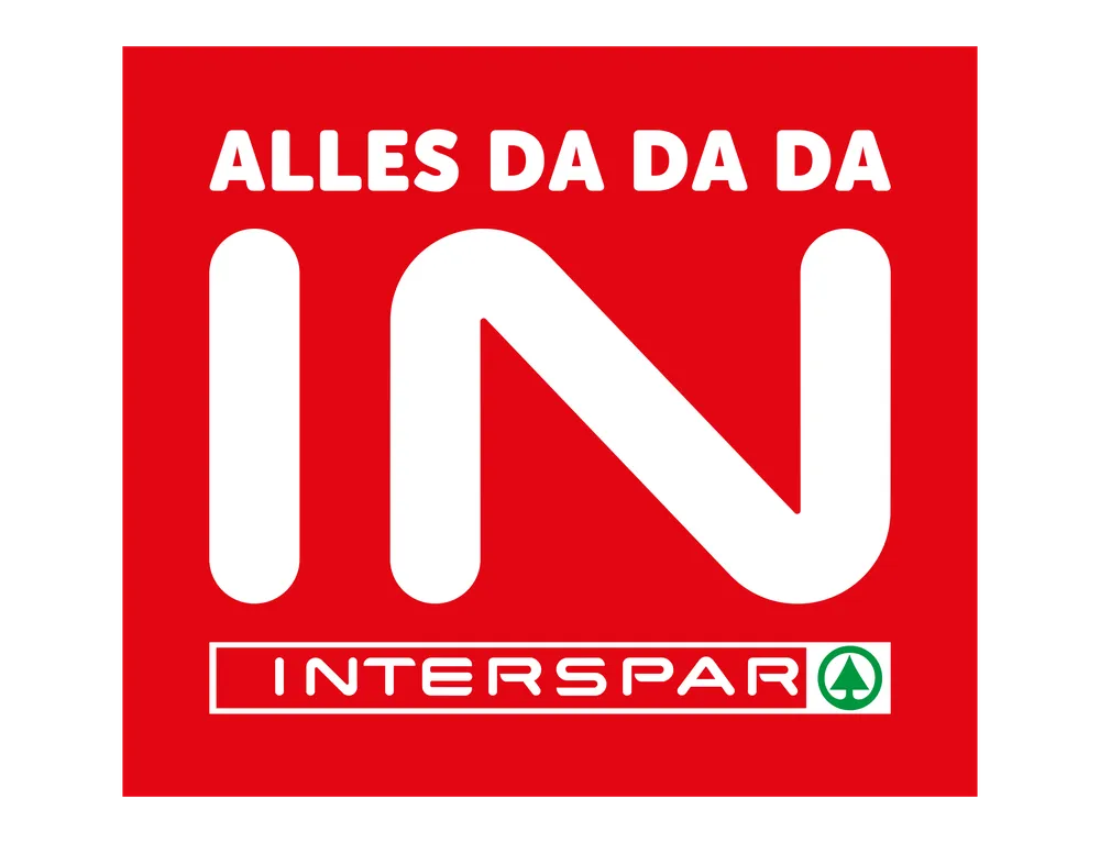 Rotes und weißes „INTERSPAR“-Logo mit den großen Buchstaben „IN“ und einem grünen Baumsymbol in einem weißen Rechteck am unteren Rand.