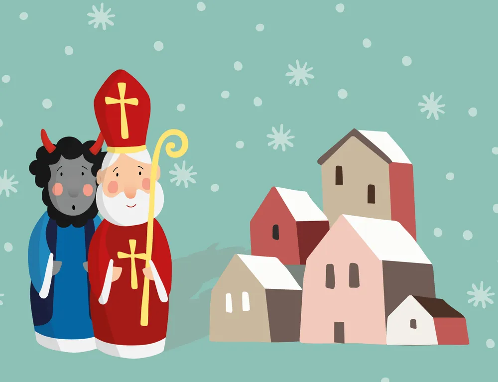 Grafik mit zwei freundlichen Krampus und einem Nikolkaus im Schneetreiben