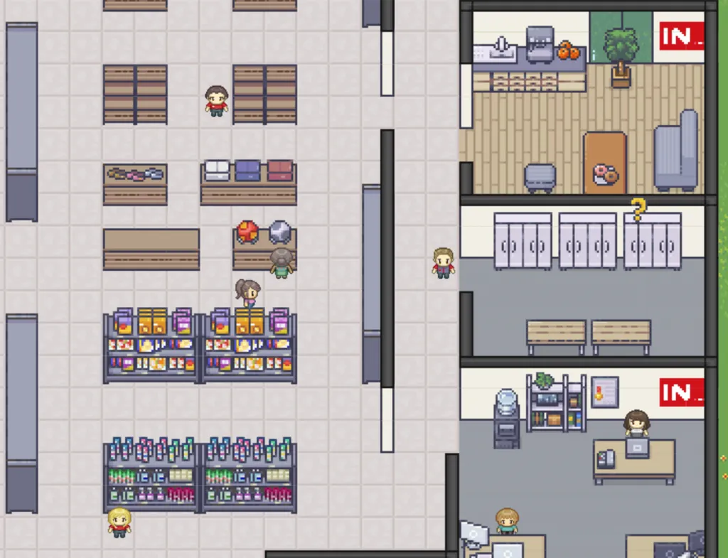 Pixel-Art-Ansicht eines virtuellen INTERSPAR Marktes mit Verkaufsfläche, Mitarbeitenden und Büroräumen aus dem Recruiting-Game
