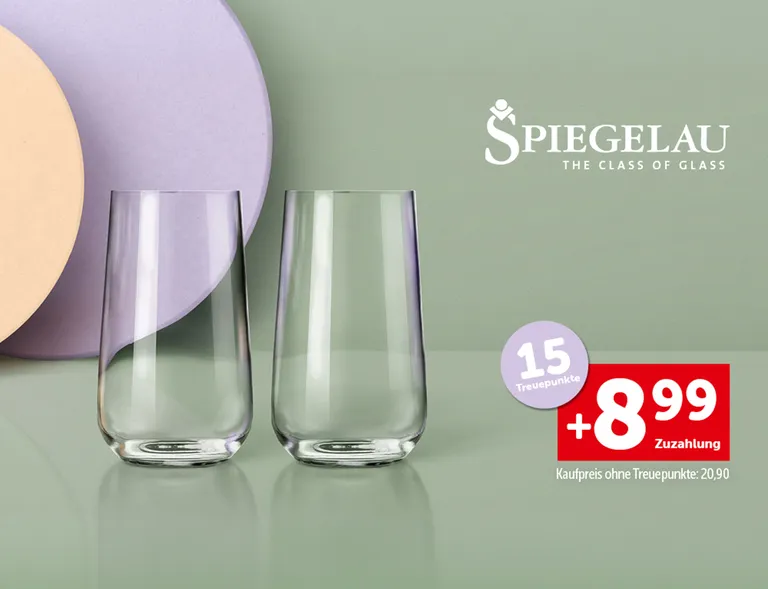 Zwei Longdrinkgläser und die Aufschrift "15 Treuepunkte. +8,99€ Zuzahlung. Kaufpreis ohne Treuepunkte: 20,90€"