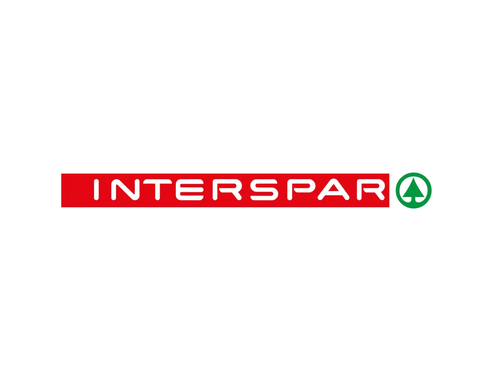 Rotes INTERSPAR-Logo mit dem weißen INTERSPAR-Schriftzug quer auf rotem Untergrund und einer grünen Tanne auf einem weißen Feld ganz rechts