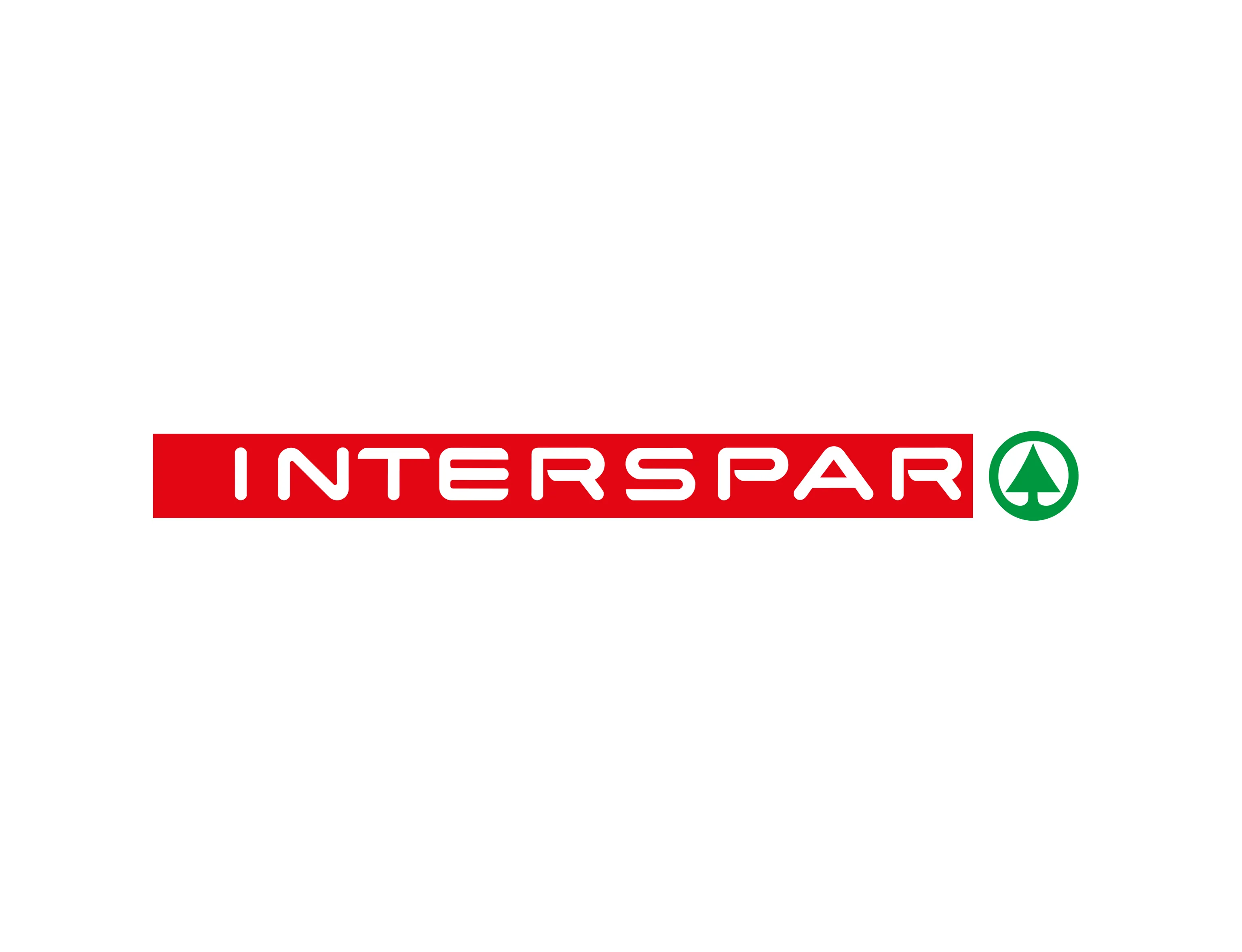 Rotes INTERSPAR-Logo mit dem weißen INTERSPAR-Schriftzug quer auf rotem Untergrund und einer grünen Tanne auf einem weißen Feld ganz rechts