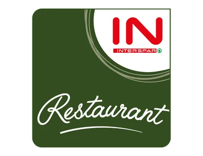 Logo mit der Aufschrift „INTERSPAR Restaurant“ auf dunkelgrünem Hintergrund, mit weißer und roter Schrift.