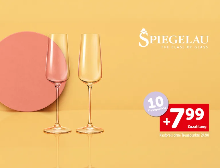 Zwei Champagnergläser und die Aufschrift "10 Treuepunkte. +7,99€ Zuzahlung. Kaufpreis ohne Treuepunkte: 24,90€"