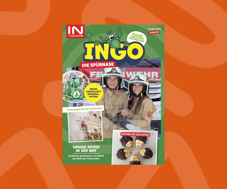 Titelblatt des INGO-Kindermagazins Herbst 2026 mit spannenden Rätseln, Wissen rund um das Thema Feuerwehr