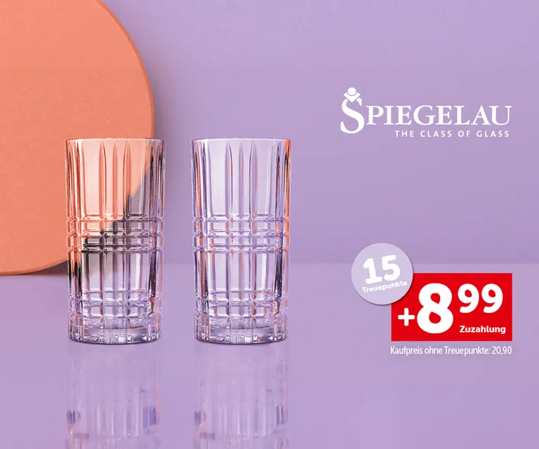 Zwei Longdrinkgläser und die Aufschrift "15 Treuepunkte. +8,99€ Zuzahlung. Kaufpreis ohne Treuepunkte: 20,90€"