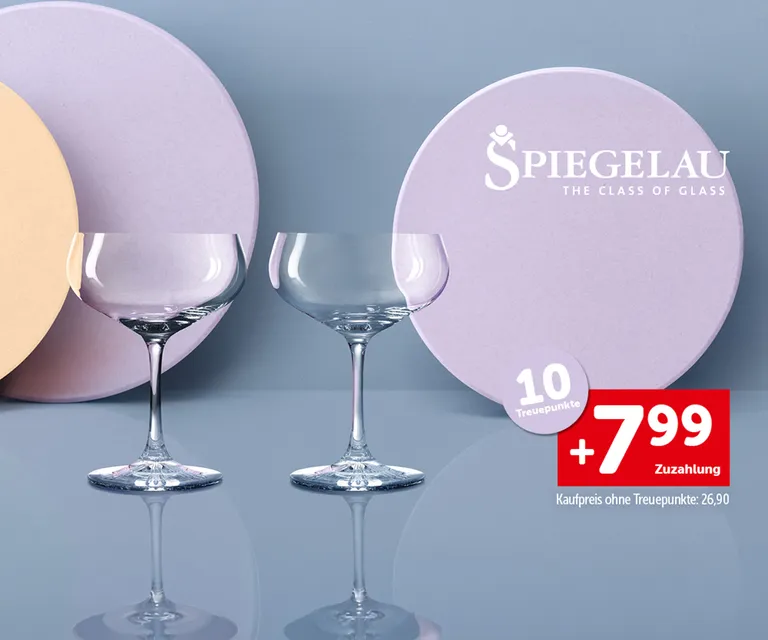 Zwei Cocktailgläser und die Aufschrift "10 Treuepunkte. +7,99€ Zuzahlung. Kaufpreis ohne Treuepunkte: 26,90€"