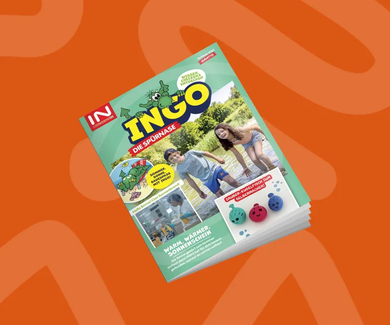 Titelblatt des INGO-Kindermagazins Sommer 2025 mit Sommerthemen, Badeabenteuern und Bastelideen