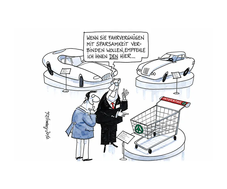 Cartoon mit Einkaufswagen zwischen Luxusautos in einer Ausstellung