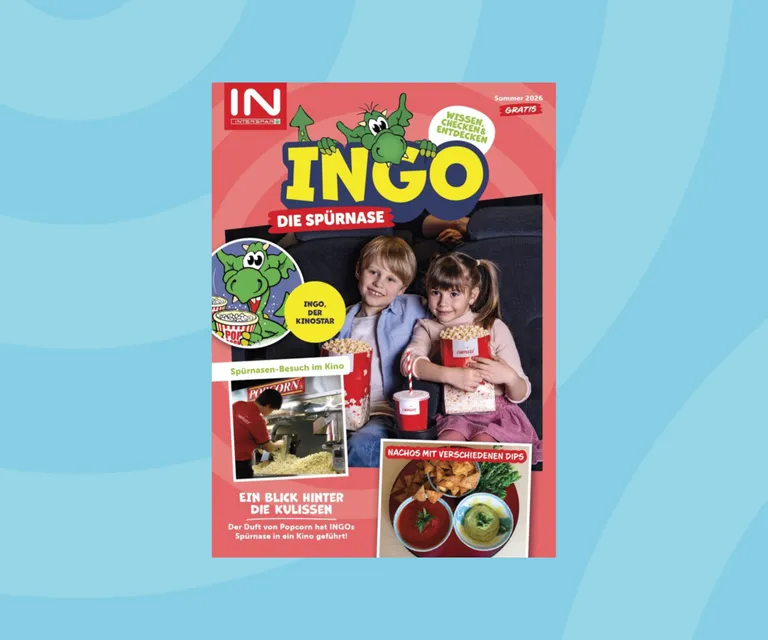 Titelblatt des INGO-Kindermagazins Sommer 2026 mit spannenden Rätseln, Wissen und Ausflug ins Kino