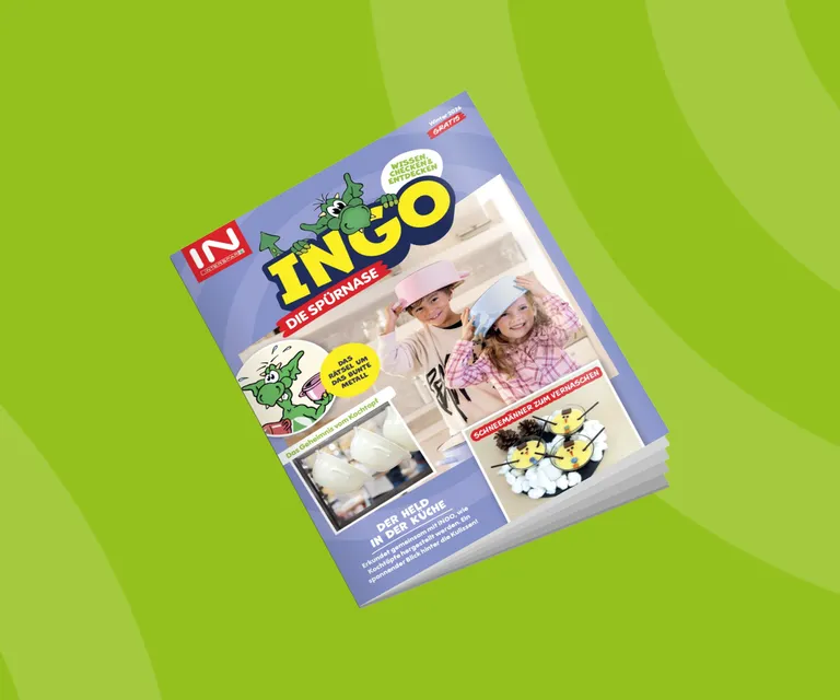Titelblatt des INGO-Kindermagazins Winter 2026 mit Winterexperimenten, Bastelideen und Rezepten für Kinder