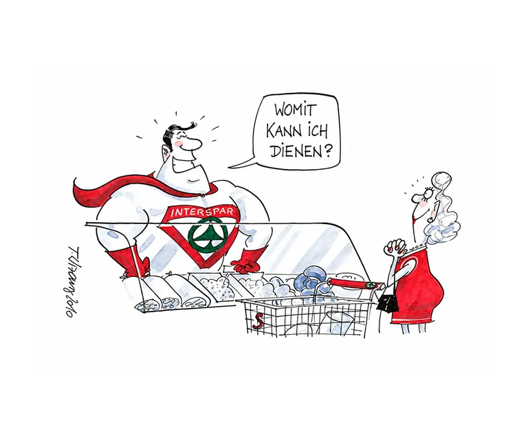 Cartoon eines Superhelden an der Frischetheke mit Kundin