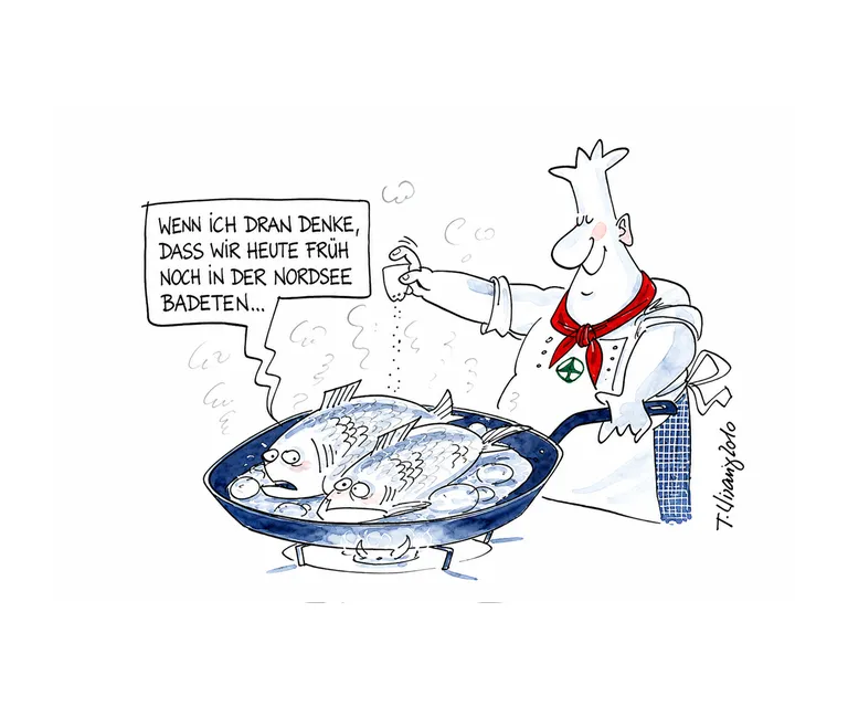 Cartoon eines Kochs mit Fischen in der Pfanne und humorvoller Sprechblase