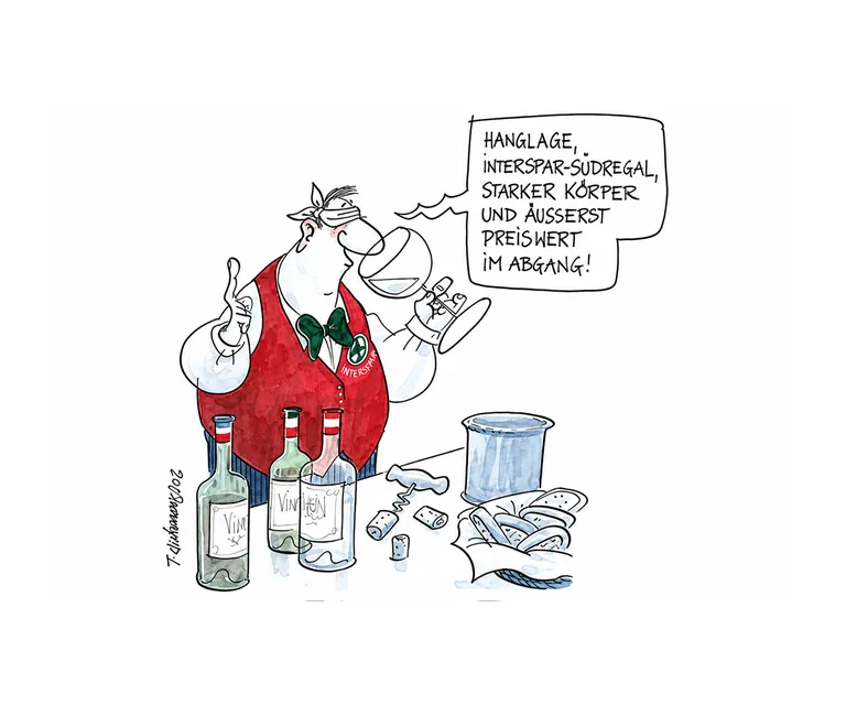 Cartoon eines Weinberaters mit Weinflaschen und humorvoller Beratung