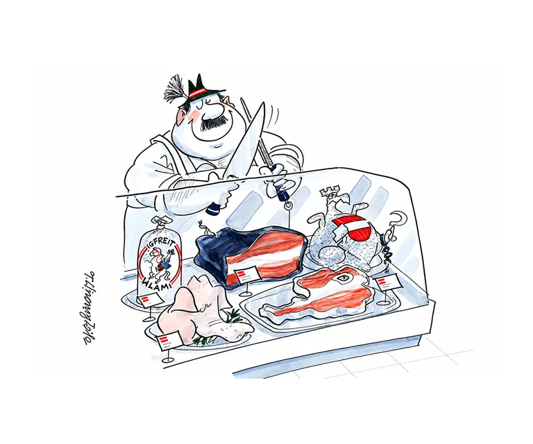 Cartoon eines Metzgers an der Feinkosttheke mit Wurst und Fleisch