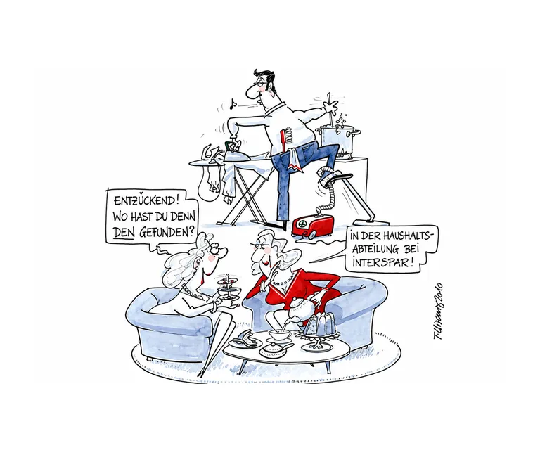 Cartoon über einen Mann mit Haushaltsgeräten und einer Kundin im Gespräch