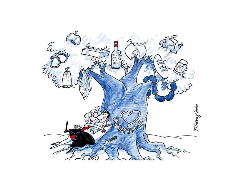 Cartoon eines Paares unter einem Baum mit INTERSPAR-Produkten