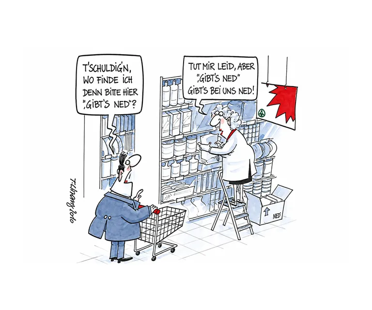 Cartoon einer Mitarbeiterin im Supermarkt mit humorvoller Kundenszene