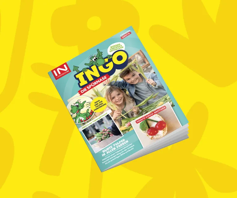 Titelblatt des INGO-Kindermagazins Frühling 2026 mit Frühlingsthemen, Tulpen und Mitmachideen für Kinder