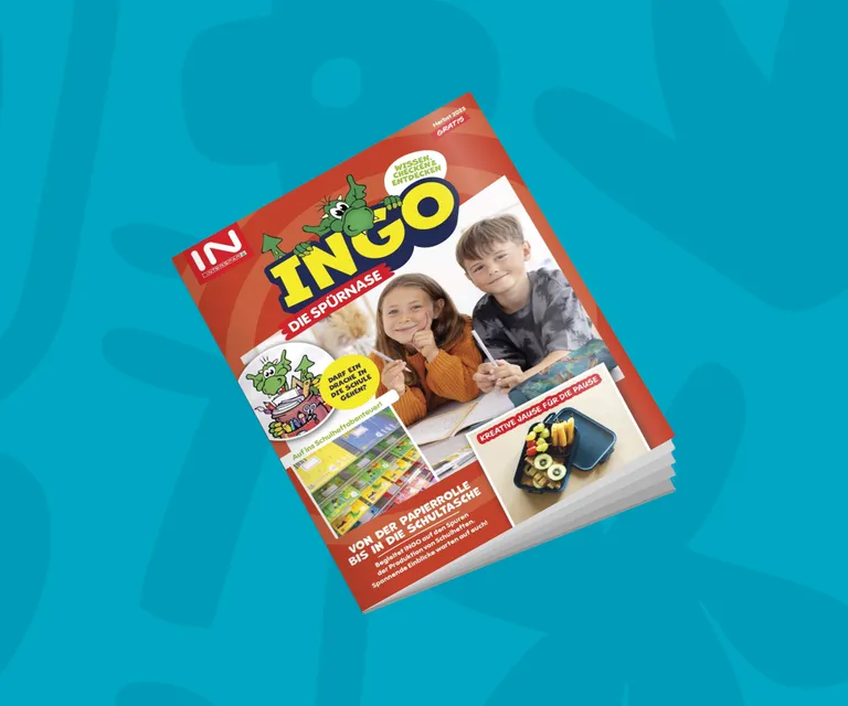 Titelblatt des INGO-Kindermagazins Herbst 2025 mit Schulstart, kreativen Ideen und spannenden Entdeckungen