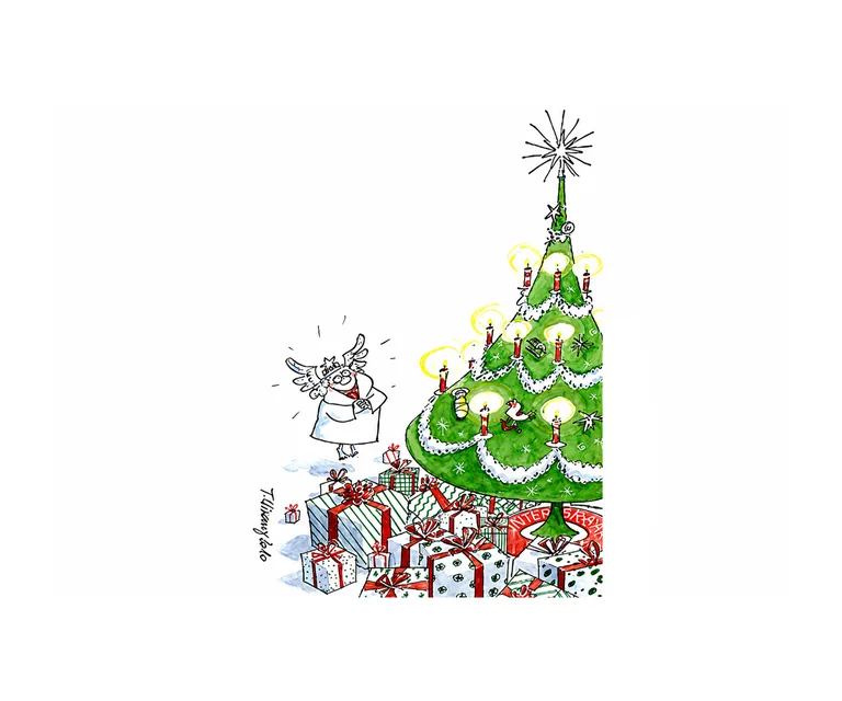 Cartoon eines geschmückten Weihnachtsbaums mit Geschenken