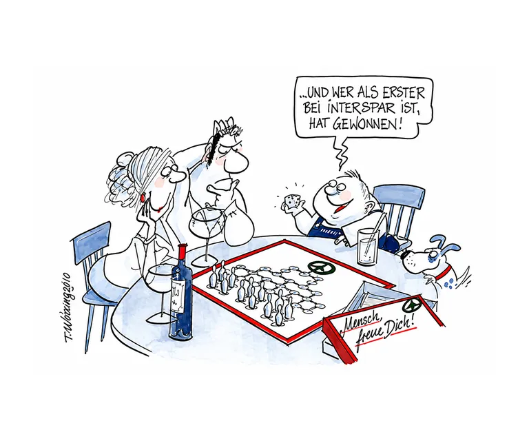 Cartoon einer Familie beim Gesellschaftsspiel mit INTERSPAR-Bezug