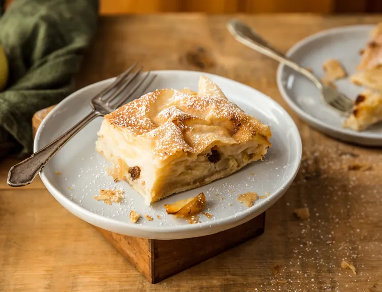 Ein Stück Apfelstrudel mit Rosinen, bestäubt mit Puderzucker, serviert auf einem weißen Teller mit einer Gabel auf einem Holztisch.
