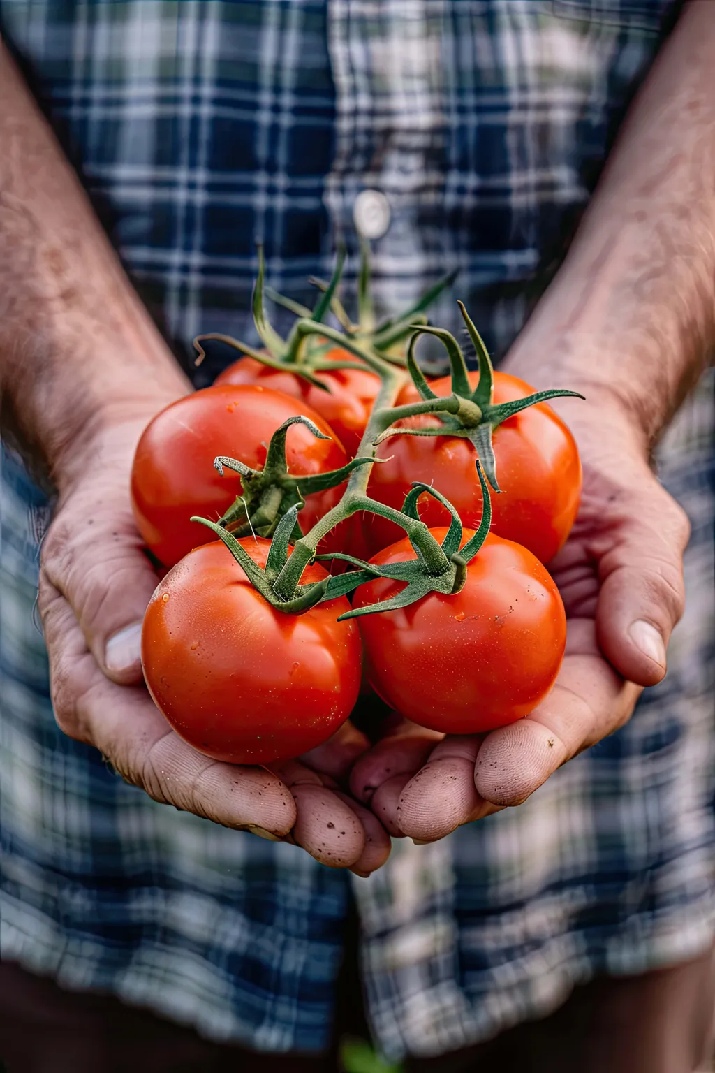 Hände, die reife rote Tomaten mit grünen Stielen halten, vor einer Person, die ein blaues Karohemd trägt.