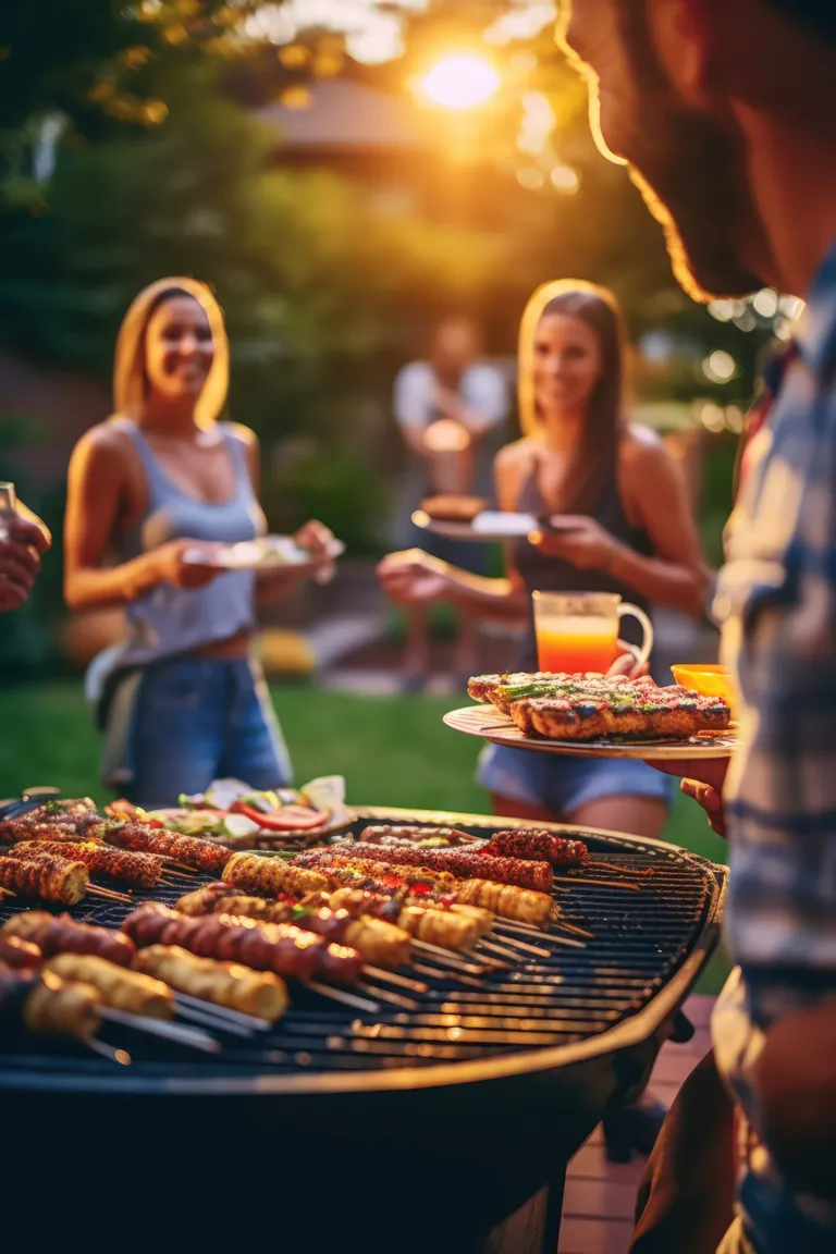 Menschen, die bei warmem Sonnenschein ein Sommergrillfest mit Spießen und Getränken genießen.