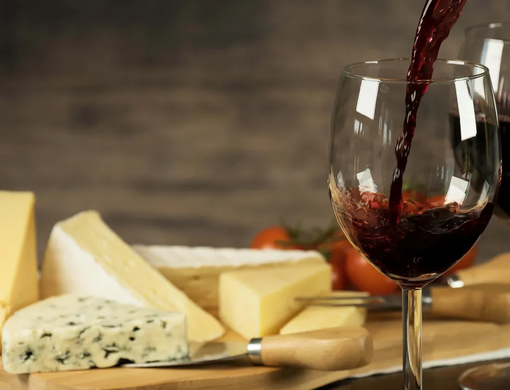 Im Hintergrund ist zu sehen, wie Rotwein in ein Glas gegossen wird, daneben steht eine Käseplatte mit verschiedenen Käsesorten und Kirschtomaten.