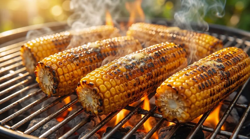 Ein gegrillter Maiskolben mit Grillstreifen auf einem Grillrost, von dem Dampf aufsteigt, vor dem Hintergrund von Flammen und sanfter Außenbeleuchtung.