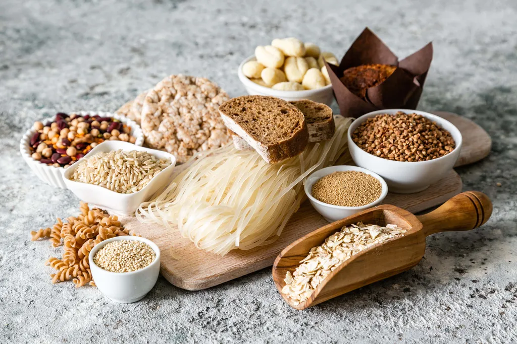 Auswahl getreidehaltiger Lebensmittel mit Reis, Quinoa, Buchweizen, Hülsenfrüchten, Haferflocken und glutenfreiem Brot