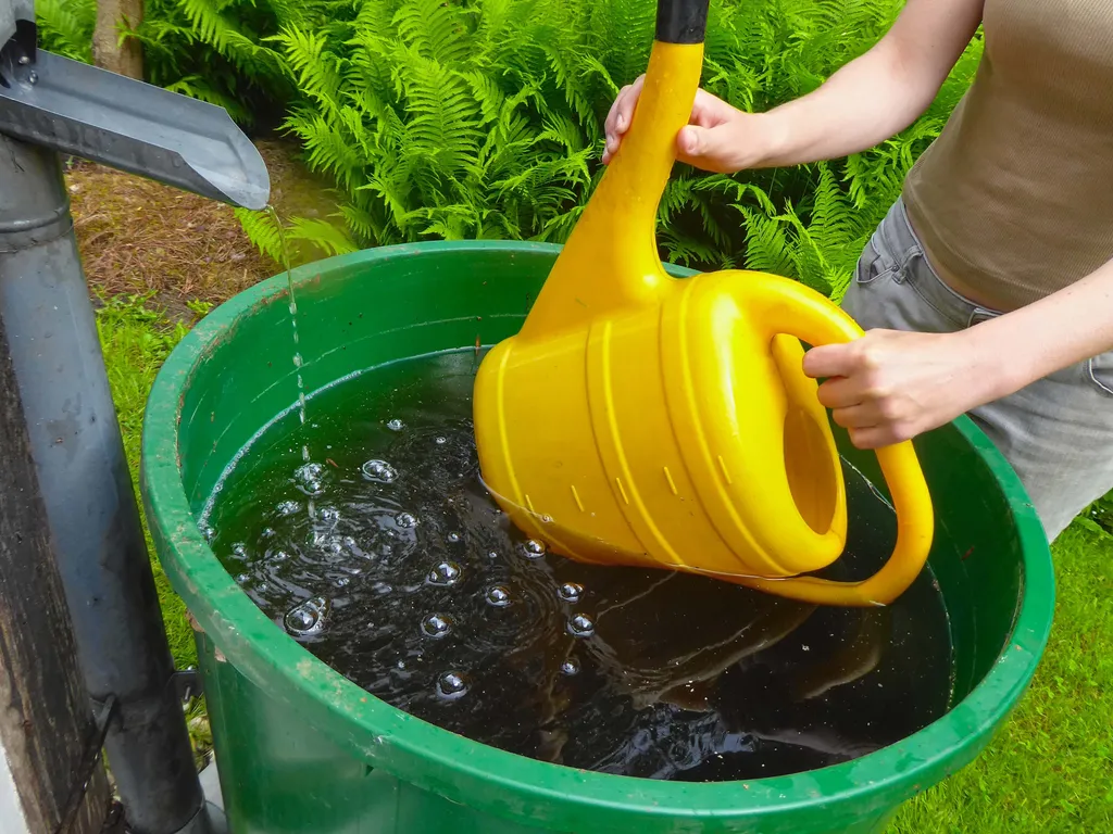Eine Person, die eine gelbe Gießkanne aus einem grünen Regenspeicher mit Wasser füllt, umgeben von üppig grünen Farnen.