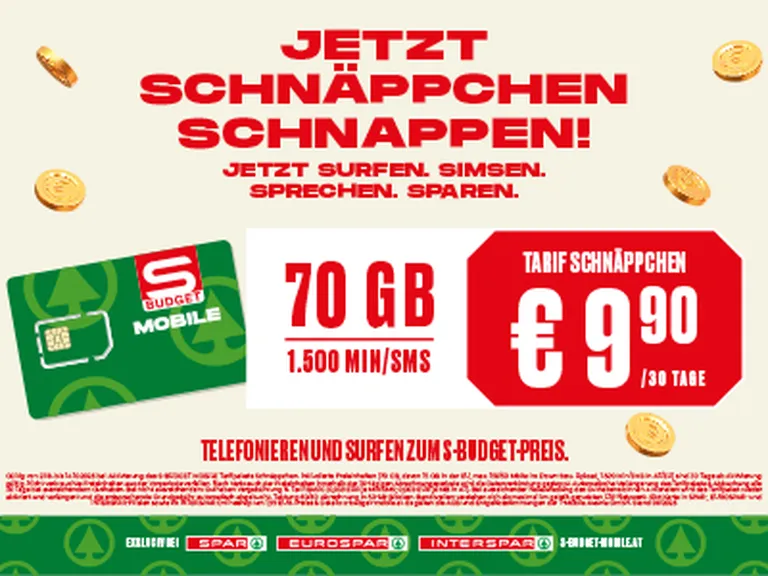 Werbebanner mit vielerlei Informationen über den neuen Handy-Tarif von S-BUDGET Mobile mit 70 GB und 1500 min/SMS um nur € 9,90.