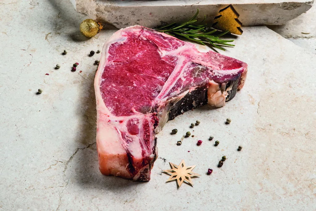 Ein rohes dry-aged T-Bone-Steak auf einer Steinplatte, garniert mit Rosmarinzweigen, Pfefferkörnern und kleinen Dekorationen daneben.