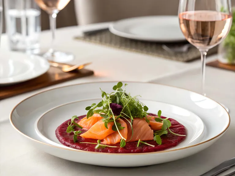 Ein Gourmet-Lachsgericht mit Microgreens auf Rote-Bete-Sauce, elegant angerichtet, begleitet von einem Glas Roséwein an einem stilvoll gedeckten Tisch.