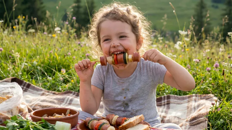 Ein Kind genießt einen Spieß mit Gemüse und Wurst, während es auf einer Picknickdecke auf einer sonnigen Wiese voller Blumen sitzt.