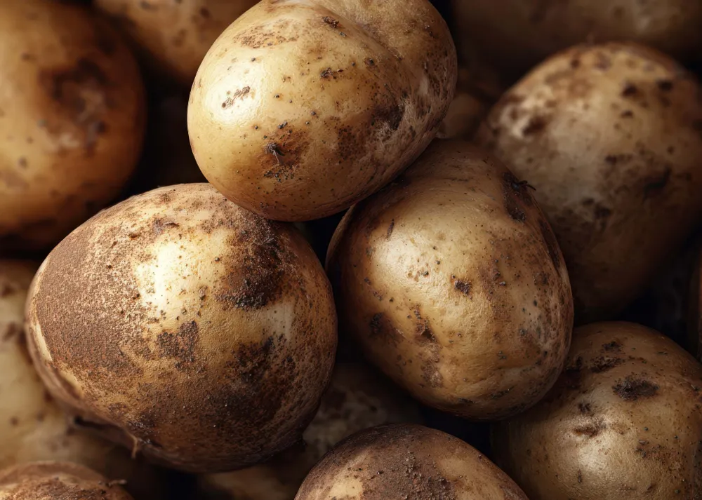 Nahaufnahme eines Haufens ungewaschener Kartoffeln mit fleckiger brauner Schale und Schmutzflecken, die ein natürliches und rustikales Erscheinungsbild vermitteln.