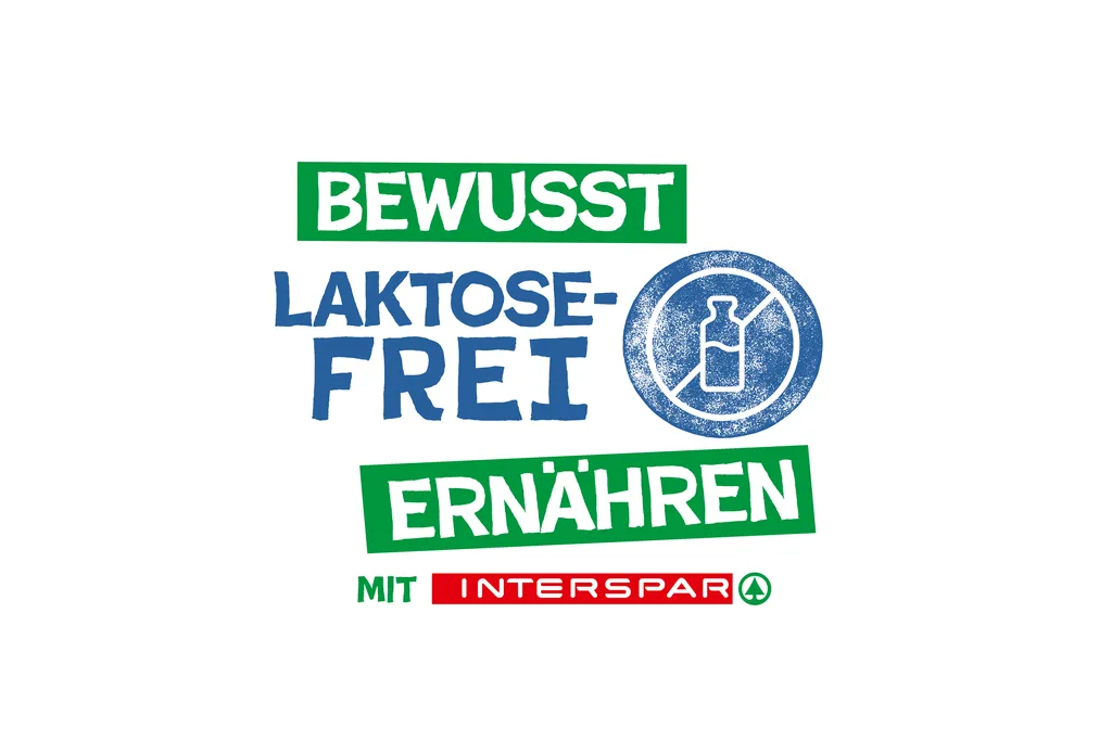 Logo mit dem Text „Bewusst laktosefrei ernähren“, einem Milchflaschen-Symbol und dem Schriftzug „Mit INTERSPAR“ in Rot und Grün, das für eine laktosefreie Ernährung wirbt.